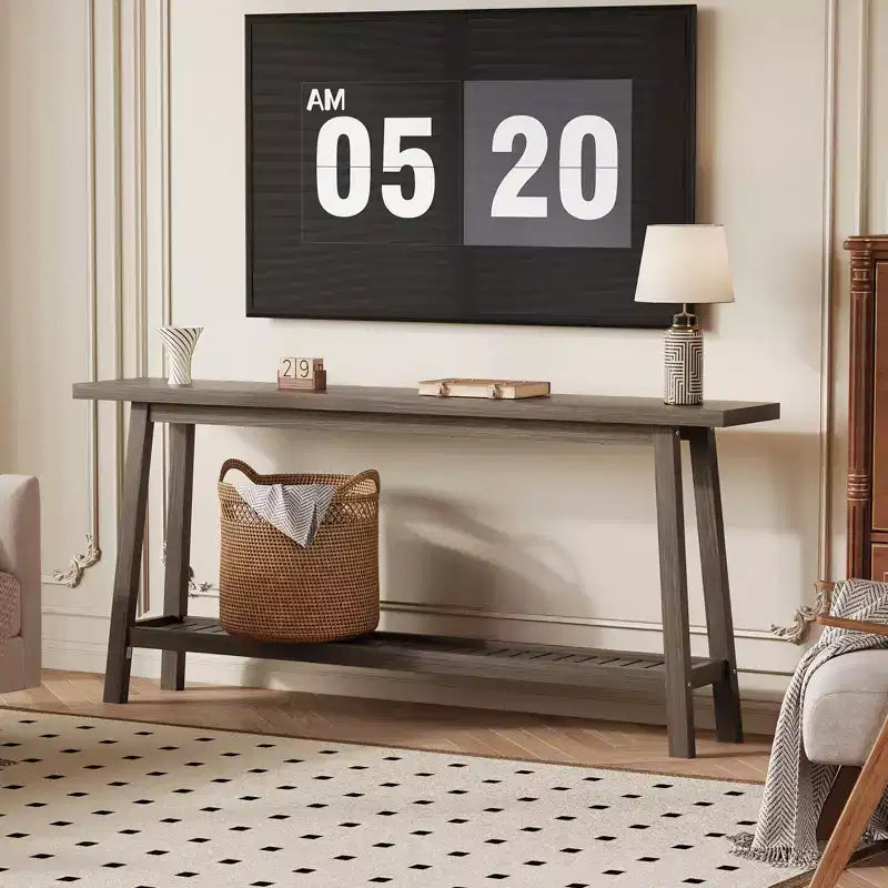 2-Tier Narrow Console Table, 70.9" Long, Industrial Farmhouse Style, Brown