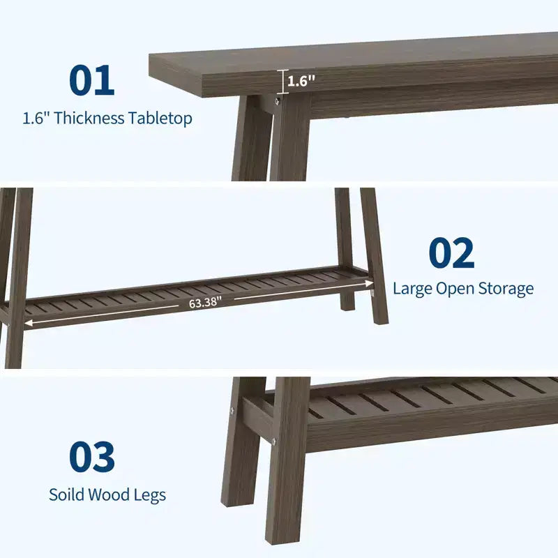 2-Tier Narrow Console Table, 70.9" Long, Industrial Farmhouse Style, Brown