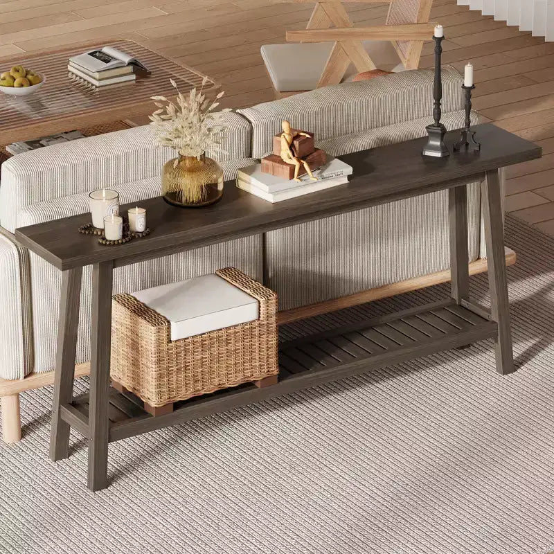 2-Tier Narrow Console Table, 70.9" Long, Industrial Farmhouse Style, Brown