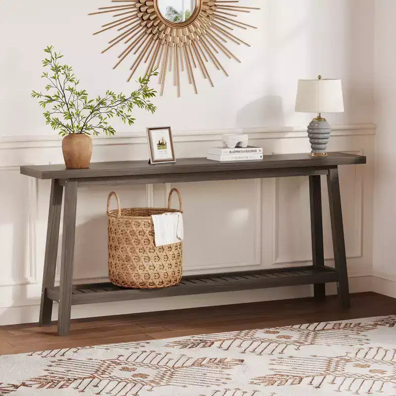 2-Tier Narrow Console Table, 70.9" Long, Industrial Farmhouse Style, Brown