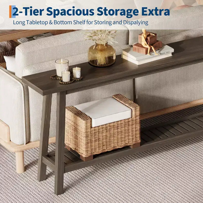 2-Tier Narrow Console Table, 70.9" Long, Industrial Farmhouse Style, Brown