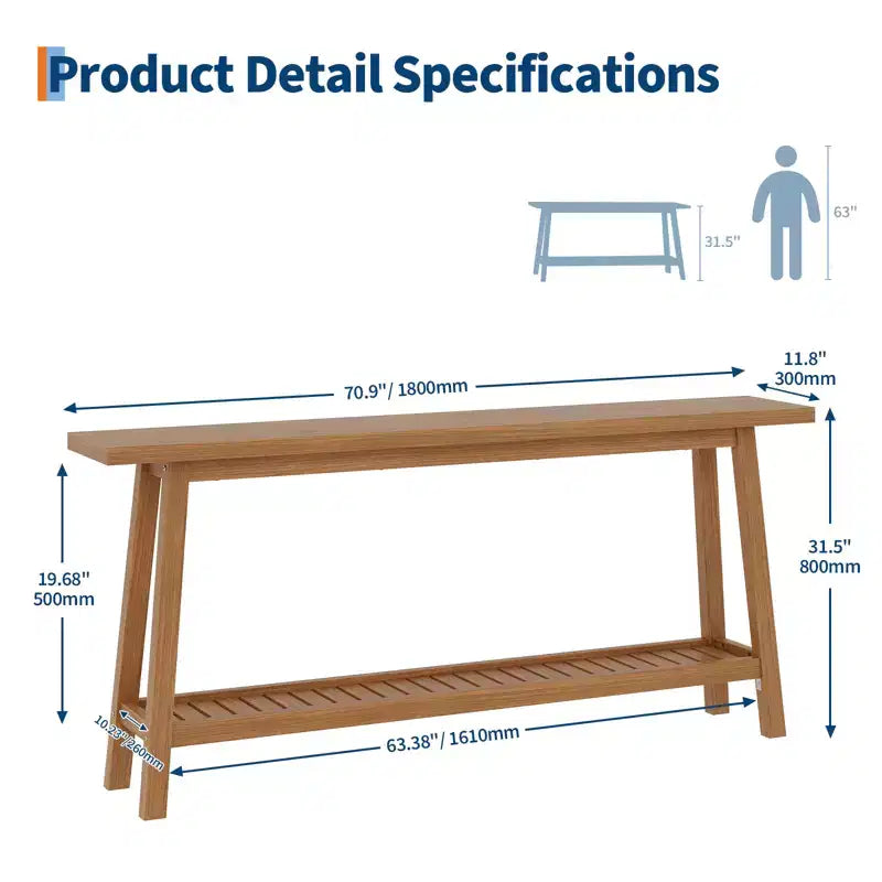 2-Tier Narrow Console Table, 70.9" Long, Industrial Farmhouse Style, Brown