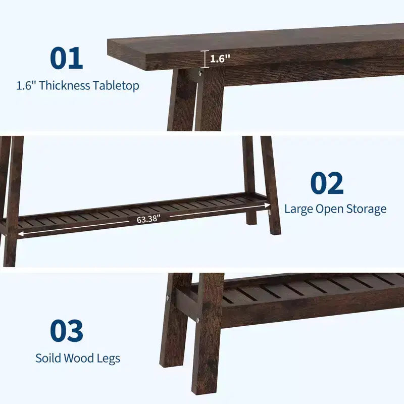 2-Tier Narrow Console Table, 70.9" Long, Industrial Farmhouse Style, Brown