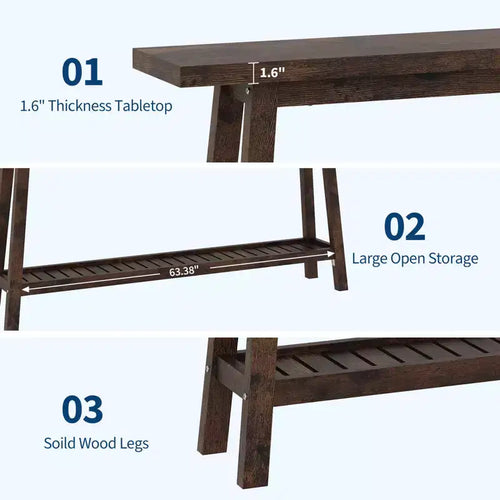 2-Tier Narrow Console Table, 70.9" Long, Industrial Farmhouse Style, Brown