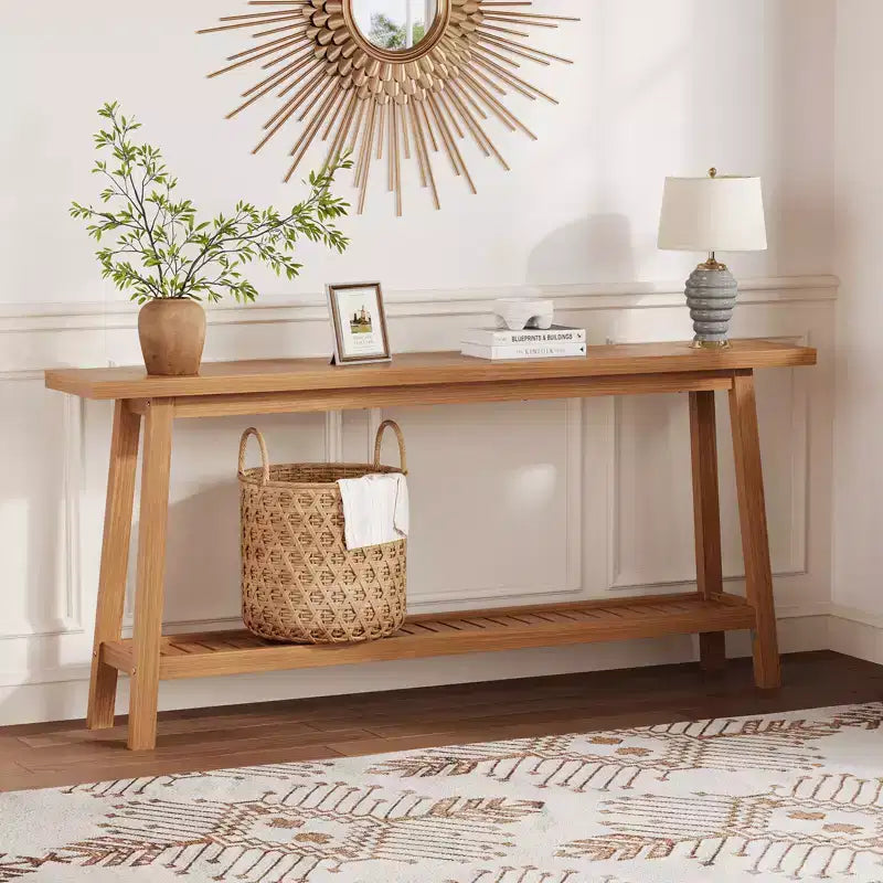 2-Tier Narrow Console Table, 70.9" Long, Industrial Farmhouse Style, Brown