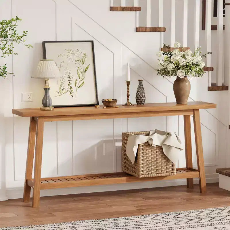 2-Tier Narrow Console Table, 70.9" Long, Industrial Farmhouse Style, Brown