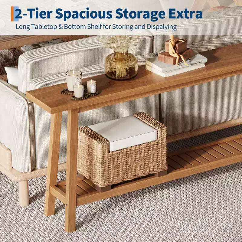 2-Tier Narrow Console Table, 70.9" Long, Industrial Farmhouse Style, Brown
