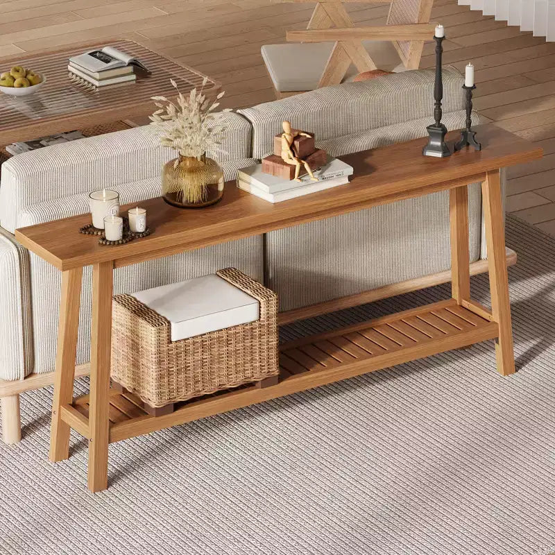 2-Tier Narrow Console Table, 70.9" Long, Industrial Farmhouse Style, Brown