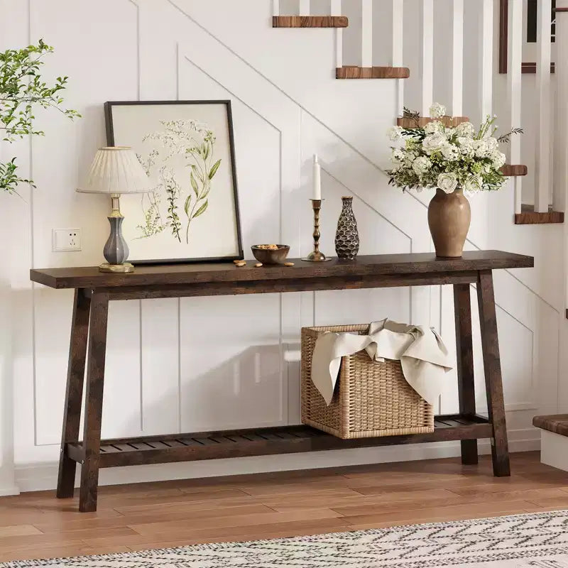 2-Tier Narrow Console Table, 70.9" Long, Industrial Farmhouse Style, Brown