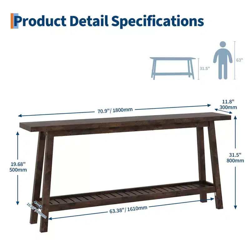 2-Tier Narrow Console Table, 70.9" Long, Industrial Farmhouse Style, Brown