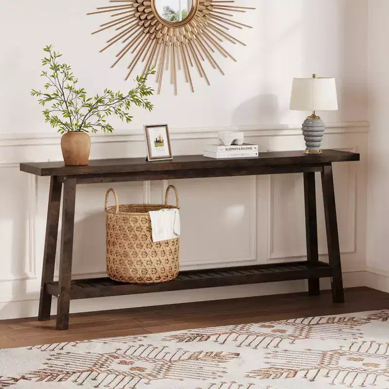 2-Tier Narrow Console Table, 70.9" Long, Industrial Farmhouse Style, Brown