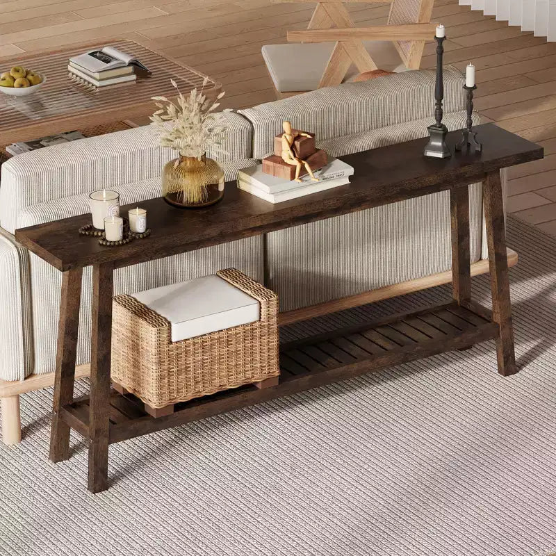 2-Tier Narrow Console Table, 70.9" Long, Industrial Farmhouse Style, Brown