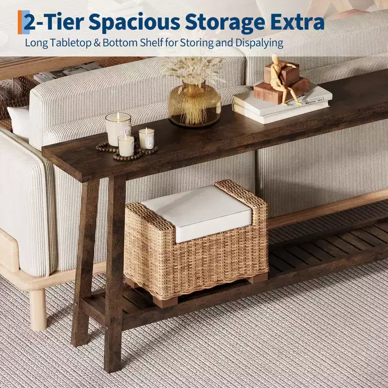 2-Tier Narrow Console Table, 70.9" Long, Industrial Farmhouse Style, Brown