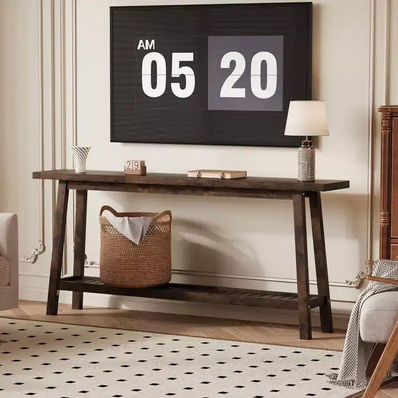 2-Tier Narrow Console Table, 70.9" Long, Industrial Farmhouse Style, Brown