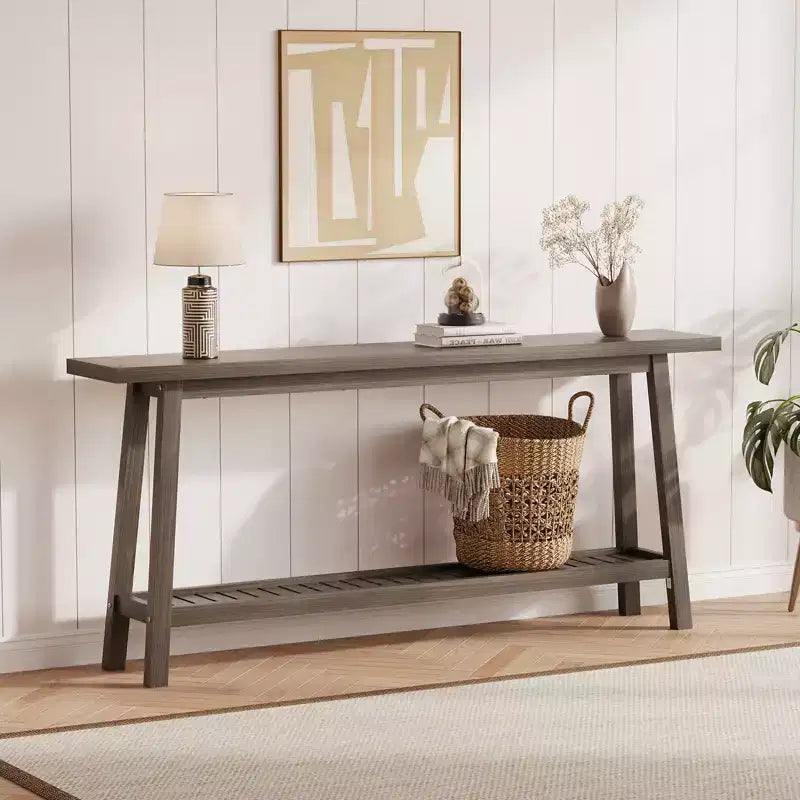 2-Tier Narrow Console Table, 70.9" Long, Industrial Farmhouse Style, Brown