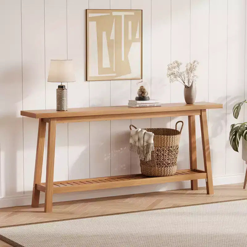 2-Tier Narrow Console Table, 70.9" Long, Industrial Farmhouse Style, Brown