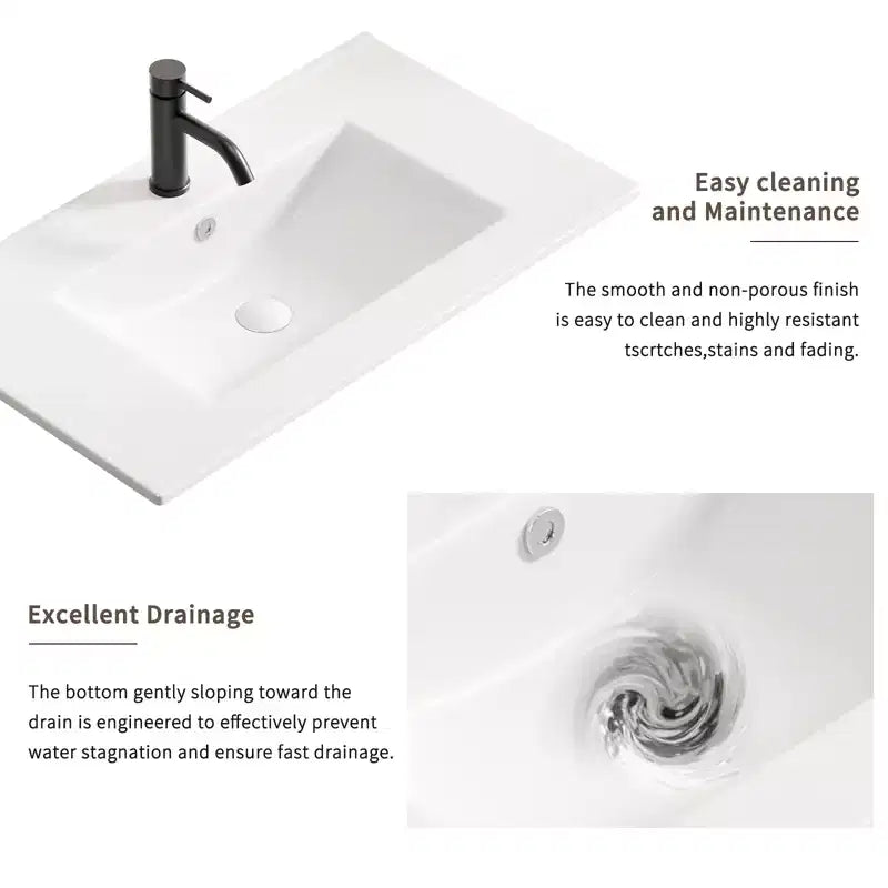 24" Bathroom Vanity Sink, Ceramic with Overflow Hole, Bright White
