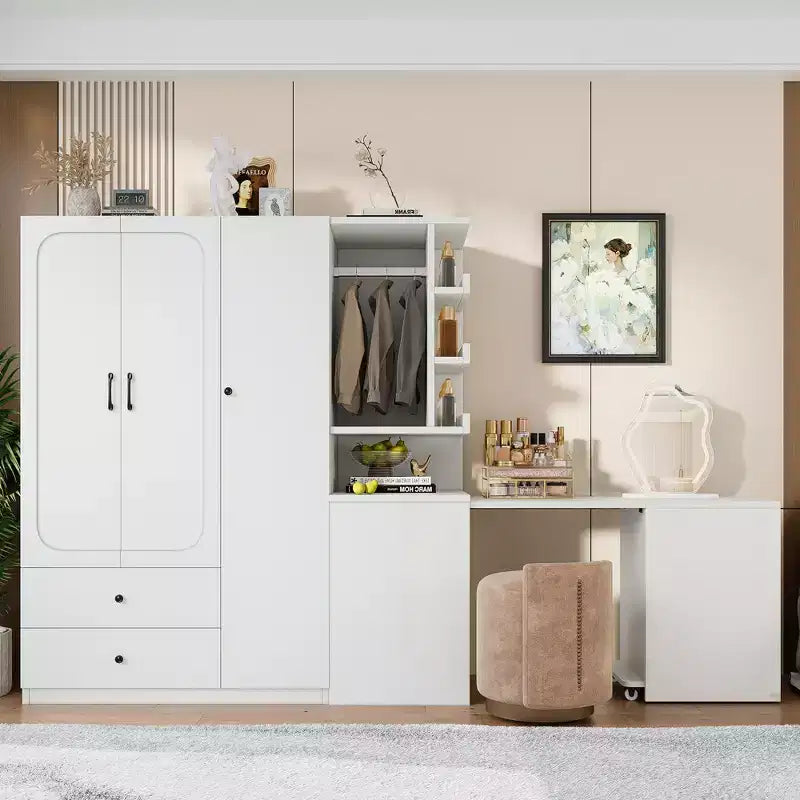 Phyllis Multifunctional Wooden Wardrobe with Convertible Desk