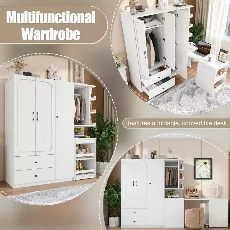 Phyllis Multifunctional Wooden Wardrobe with Convertible Desk