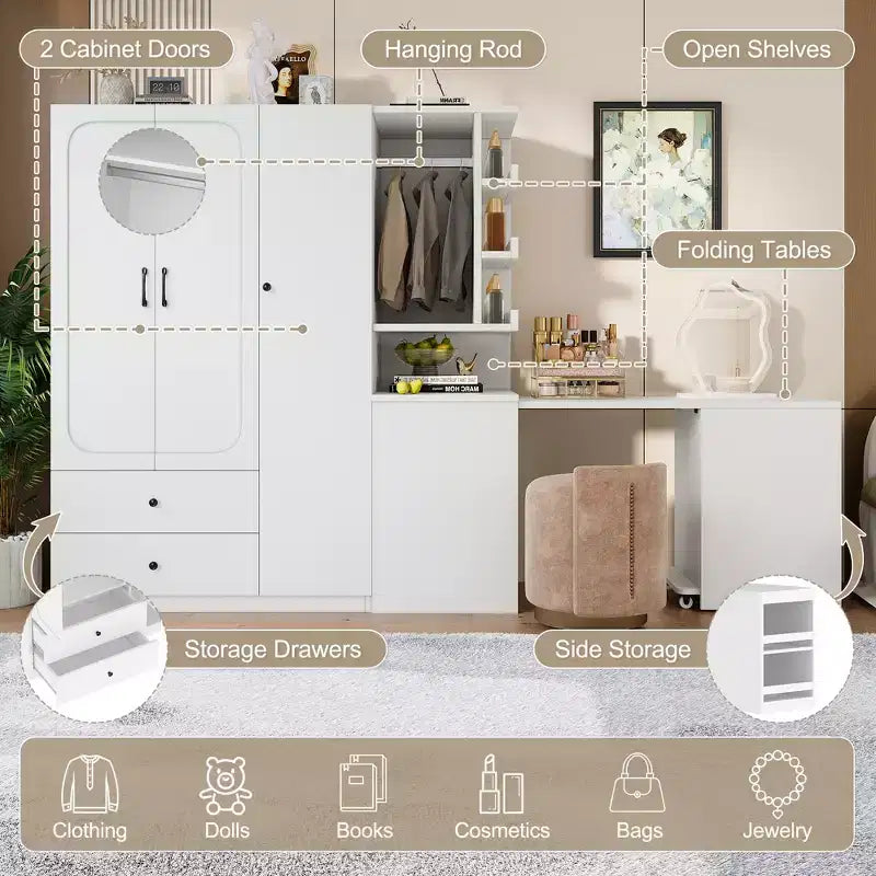 Phyllis Multifunctional Wooden Wardrobe with Convertible Desk