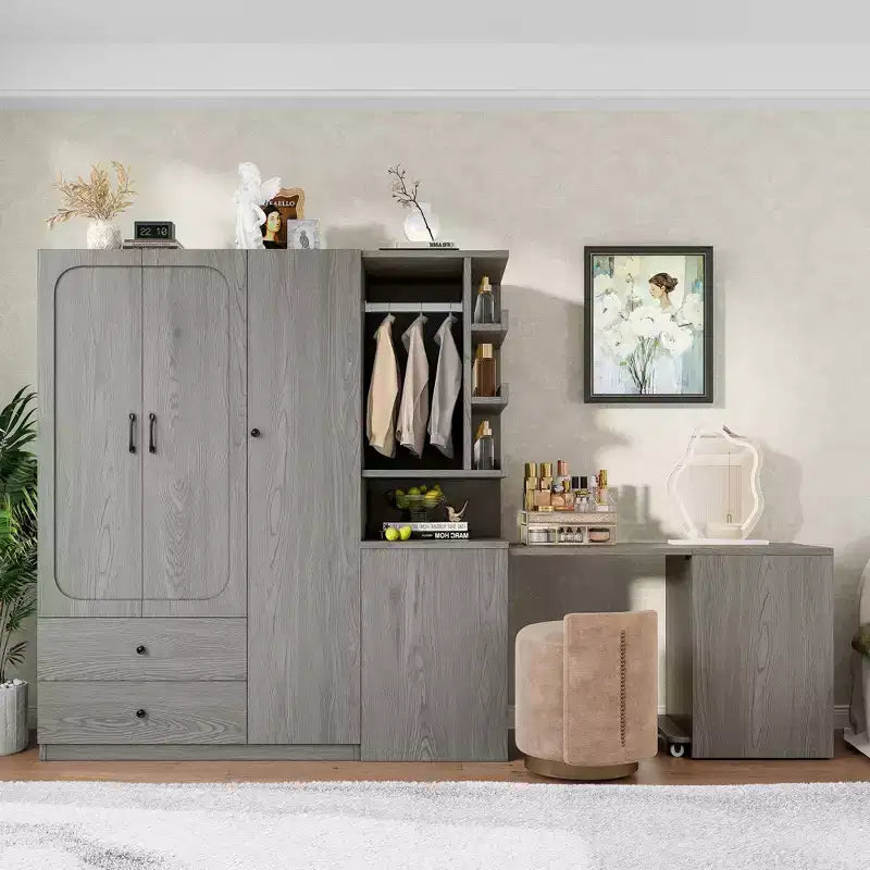 Phyllis Multifunctional Wooden Wardrobe with Convertible Desk