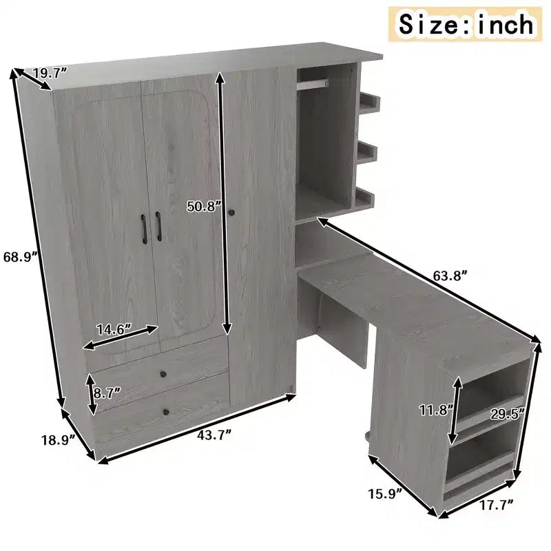 Phyllis Multifunctional Wooden Wardrobe with Convertible Desk