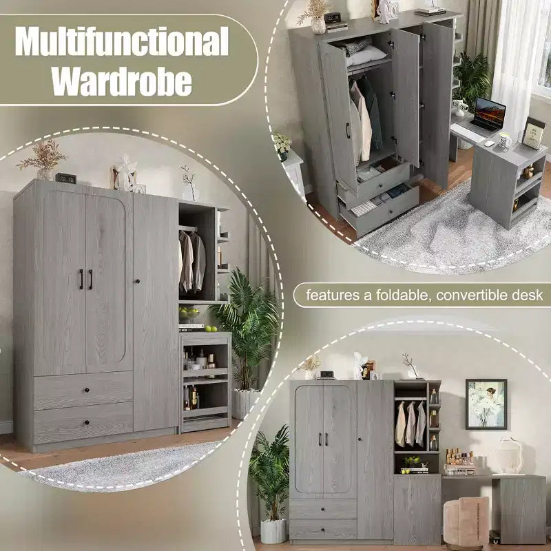 Phyllis Multifunctional Wooden Wardrobe with Convertible Desk