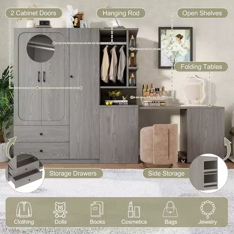 Phyllis Multifunctional Wooden Wardrobe with Convertible Desk