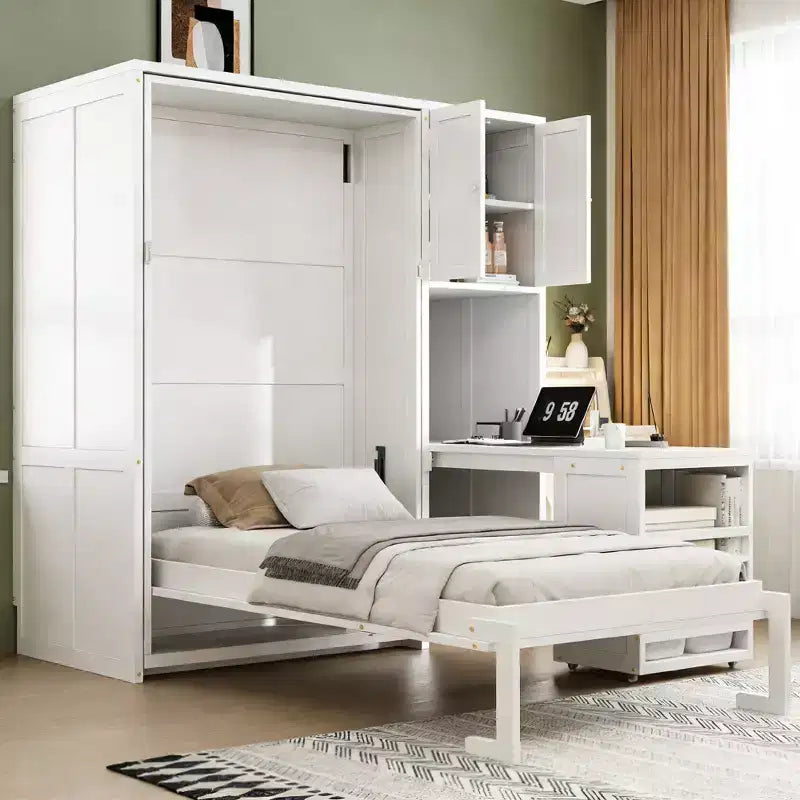 Twin Size Murphy Bed with Desk, Storage Cabinet and Bookcase