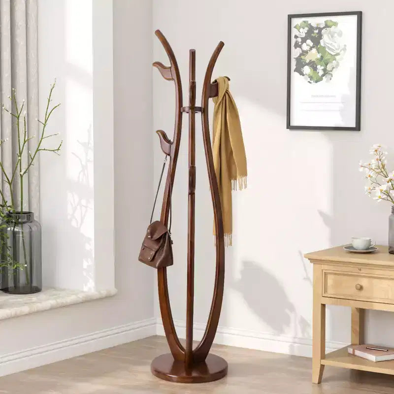 S-Shaped Freestanding Coat Rack, Solid Wood Coat Tree with 6 Hooks and Round Base