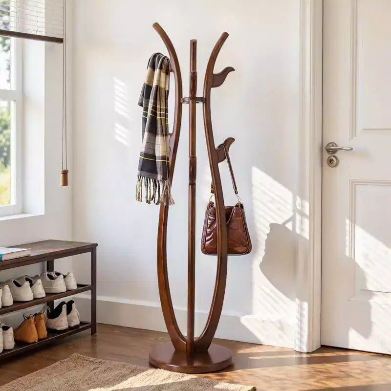 S-Shaped Freestanding Coat Rack, Solid Wood Coat Tree with 6 Hooks and Round Base