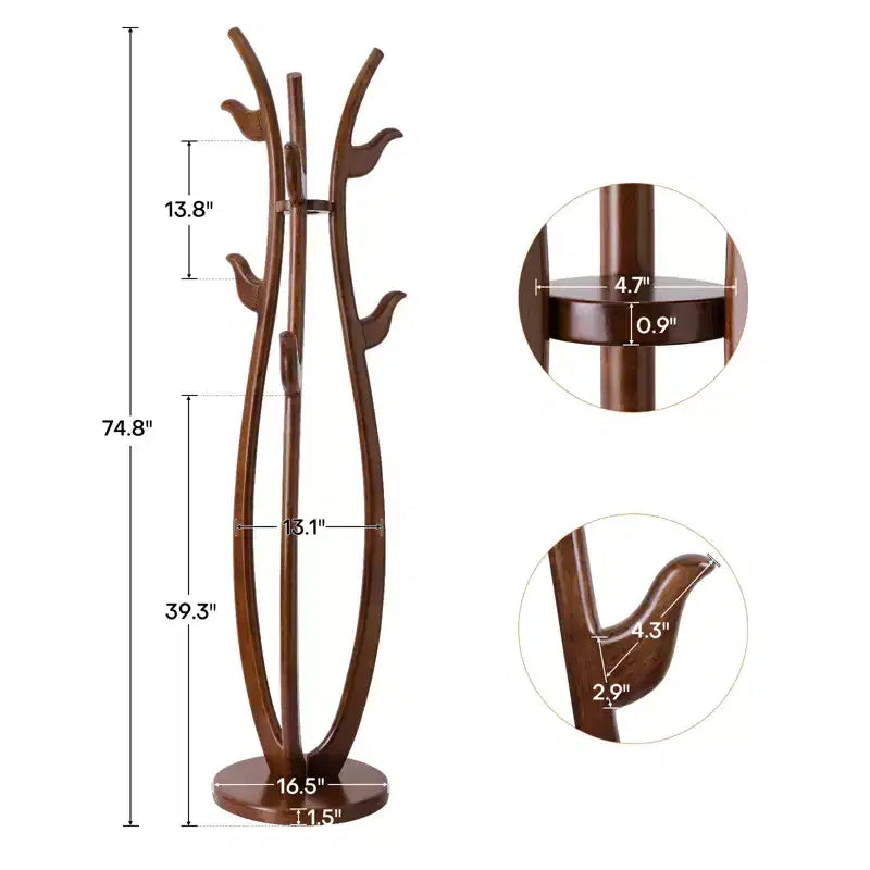 S-Shaped Freestanding Coat Rack, Solid Wood Coat Tree with 6 Hooks and Round Base