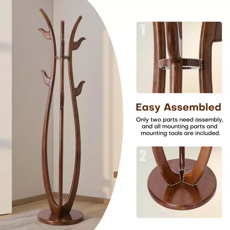 S-Shaped Freestanding Coat Rack, Solid Wood Coat Tree with 6 Hooks and Round Base