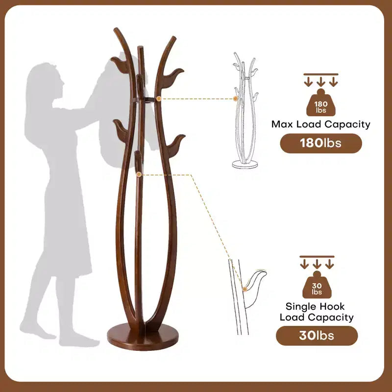 S-Shaped Freestanding Coat Rack, Solid Wood Coat Tree with 6 Hooks and Round Base