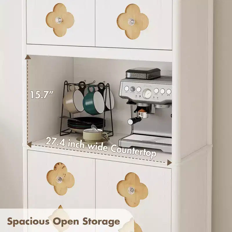 Kitchen Pantry Cabinet, 72" Tall Storage Cabinet with Countertop, Carved Door & Crystal Handle