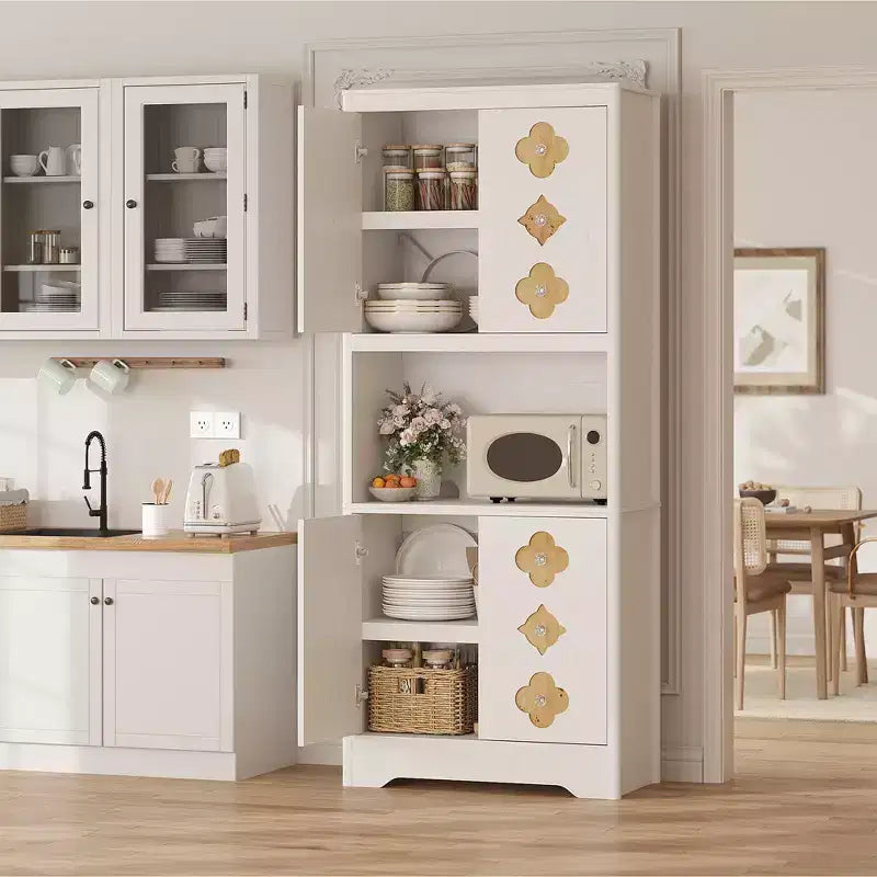 Kitchen Pantry Cabinet, 72" Tall Storage Cabinet with Countertop, Carved Door & Crystal Handle