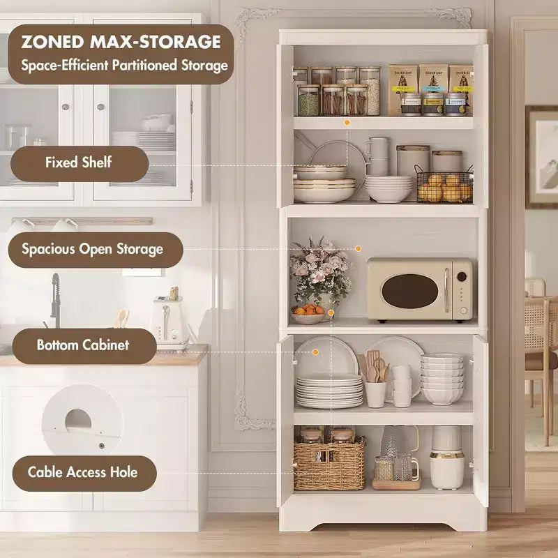 Kitchen Pantry Cabinet, 72" Tall Storage Cabinet with Countertop, Carved Door & Crystal Handle