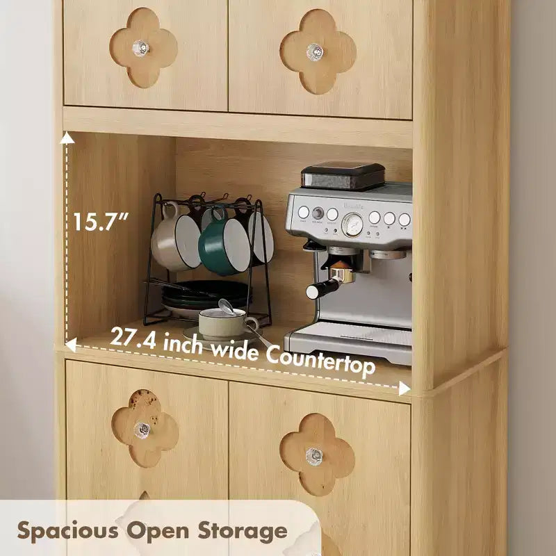 Kitchen Pantry Cabinet, 72" Tall Storage Cabinet with Countertop, Carved Door & Crystal Handle
