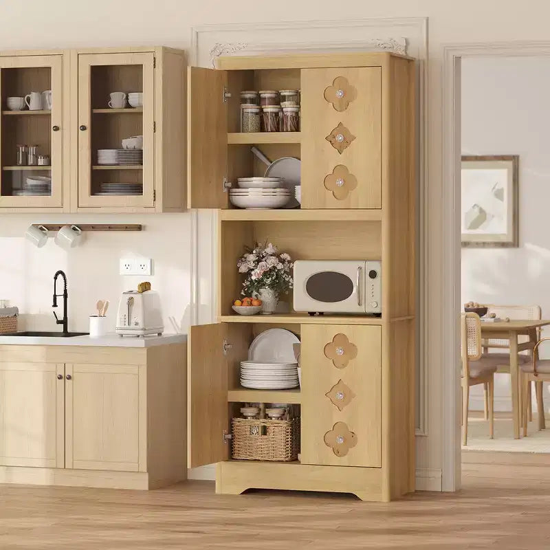 Kitchen Pantry Cabinet, 72" Tall Storage Cabinet with Countertop, Carved Door & Crystal Handle