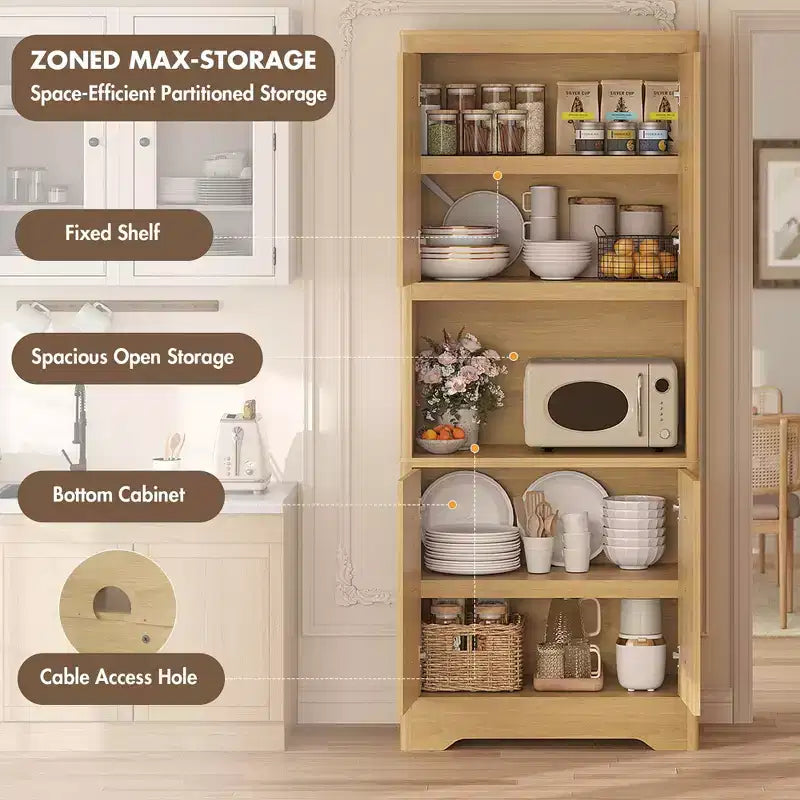 Kitchen Pantry Cabinet, 72" Tall Storage Cabinet with Countertop, Carved Door & Crystal Handle