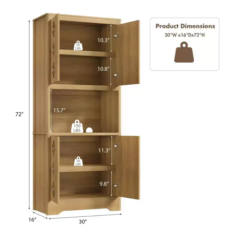Kitchen Pantry Cabinet, 72" Tall Storage Cabinet with Countertop, Carved Door & Crystal Handle