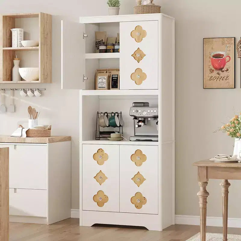 Kitchen Pantry Cabinet, 72" Tall Storage Cabinet with Countertop, Carved Door & Crystal Handle