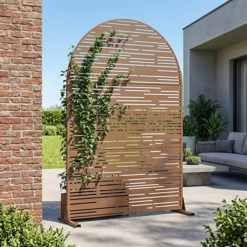 Arched Outdoor Metal Privacy Screen Freestanding Fence Panel, White/Brown, 72"H x 47"W