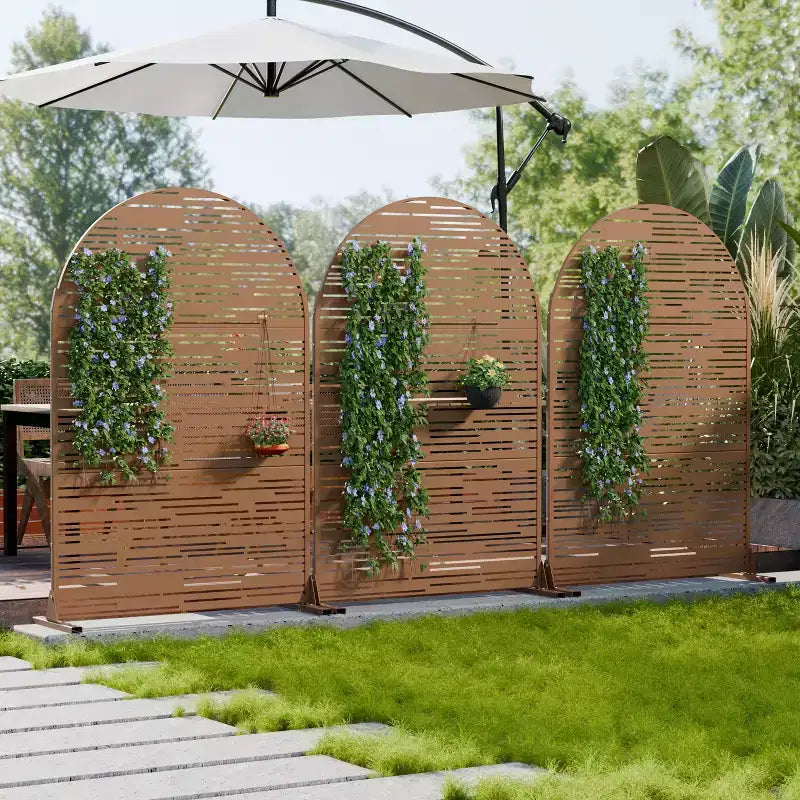 Arched Outdoor Metal Privacy Screen Freestanding Fence Panel, White/Brown, 72"H x 47"W