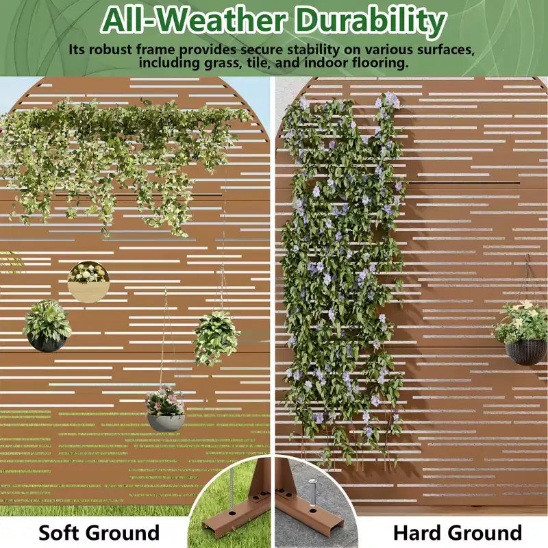 Arched Outdoor Metal Privacy Screen Freestanding Fence Panel, White/Brown, 72"H x 47"W