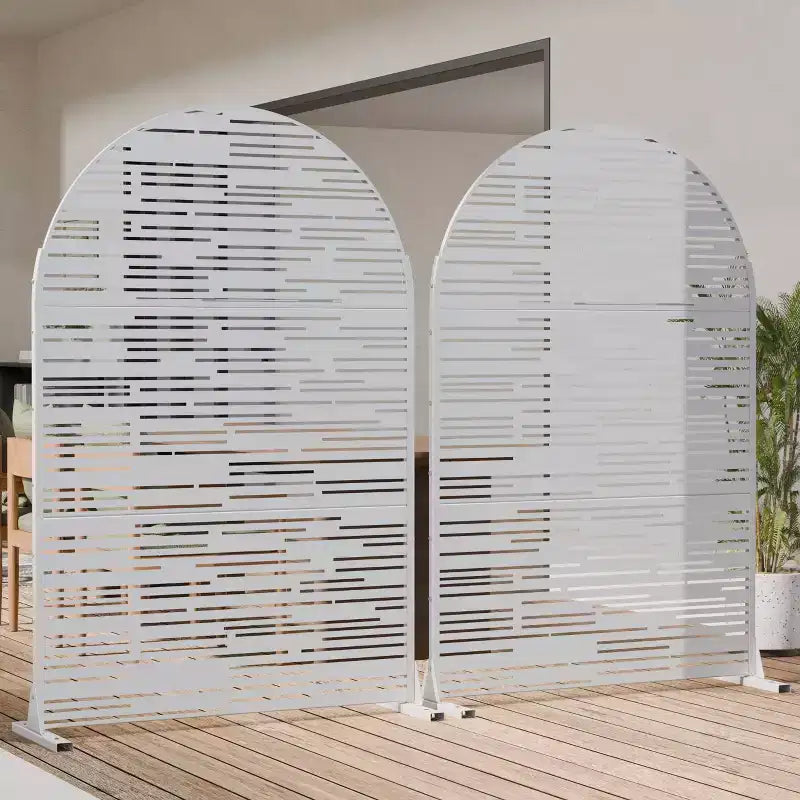 Arched Outdoor Metal Privacy Screen Freestanding Fence Panel, White/Brown, 72"H x 47"W