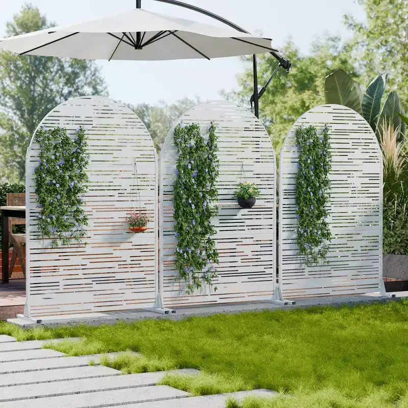 Arched Outdoor Metal Privacy Screen Freestanding Fence Panel, White/Brown, 72"H x 47"W