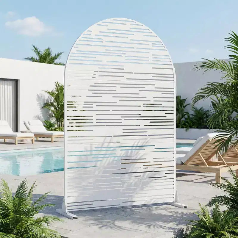 Arched Outdoor Metal Privacy Screen Freestanding Fence Panel, White/Brown, 72"H x 47"W