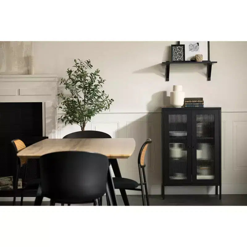 21.5" Wide Decorative Storage Cabinet, Black Metal Frame, 3 Shelves, Fluted Glass Doors