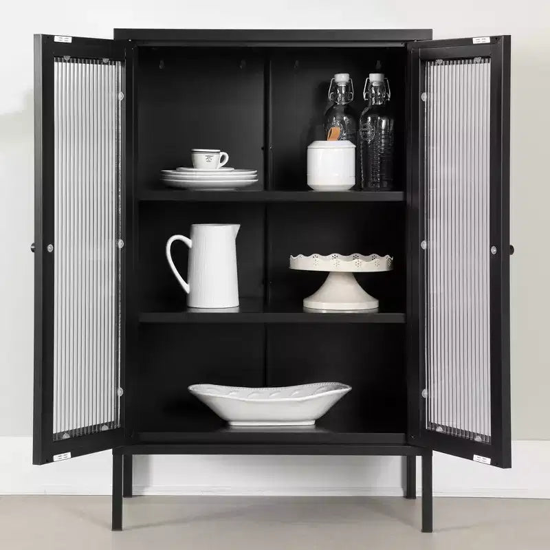 21.5" Wide Decorative Storage Cabinet, Black Metal Frame, 3 Shelves, Fluted Glass Doors